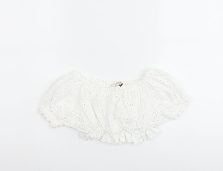 Pull&Bear Womens White Cotton Cropped Blouse Size S Off the Shoulder - Broderie Anglaise