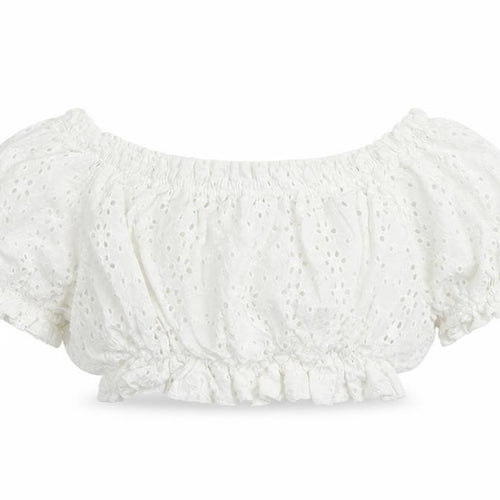 Pull&Bear Womens White Cotton Cropped Blouse Size S Off the Shoulder - Broderie Anglaise