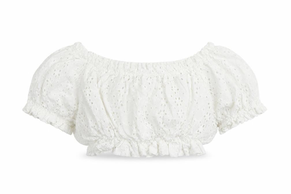 Pull&Bear Womens White Cotton Cropped Blouse Size S Off the Shoulder - Broderie Anglaise
