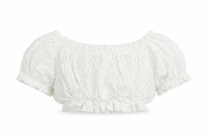 Pull&Bear Womens White Cotton Cropped Blouse Size S Off the Shoulder - Broderie Anglaise