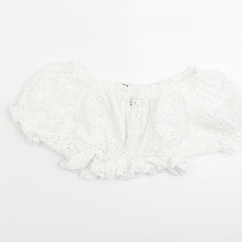 Pull&Bear Womens White Cotton Cropped Blouse Size S Off the Shoulder - Broderie Anglaise