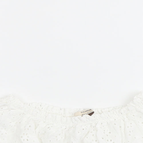 Pull&Bear Womens White Cotton Cropped Blouse Size S Off the Shoulder - Broderie Anglaise