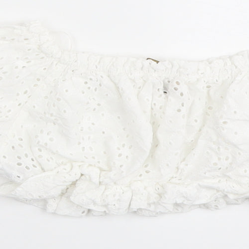 Pull&Bear Womens White Cotton Cropped Blouse Size S Off the Shoulder - Broderie Anglaise
