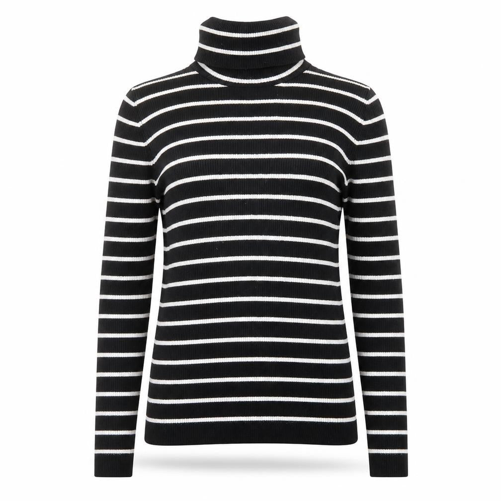 Front view of Oasis women’s black roll neck striped viscose jumper, size M