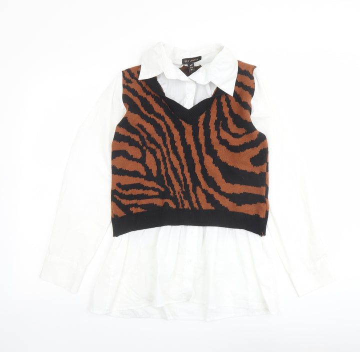 QED London Womens Multicoloured Collared Animal Print Viscose Pullover Jumper Size M - Tiger Pattern
