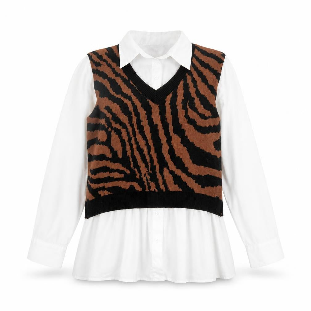 Front view of QED London women’s multicoloured collared animal print viscose jumper, size M, - tiger pattern