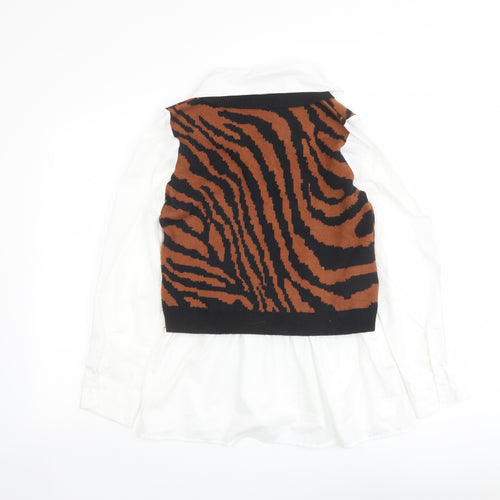 QED London Womens Multicoloured Collared Animal Print Viscose Pullover Jumper Size M - Tiger Pattern