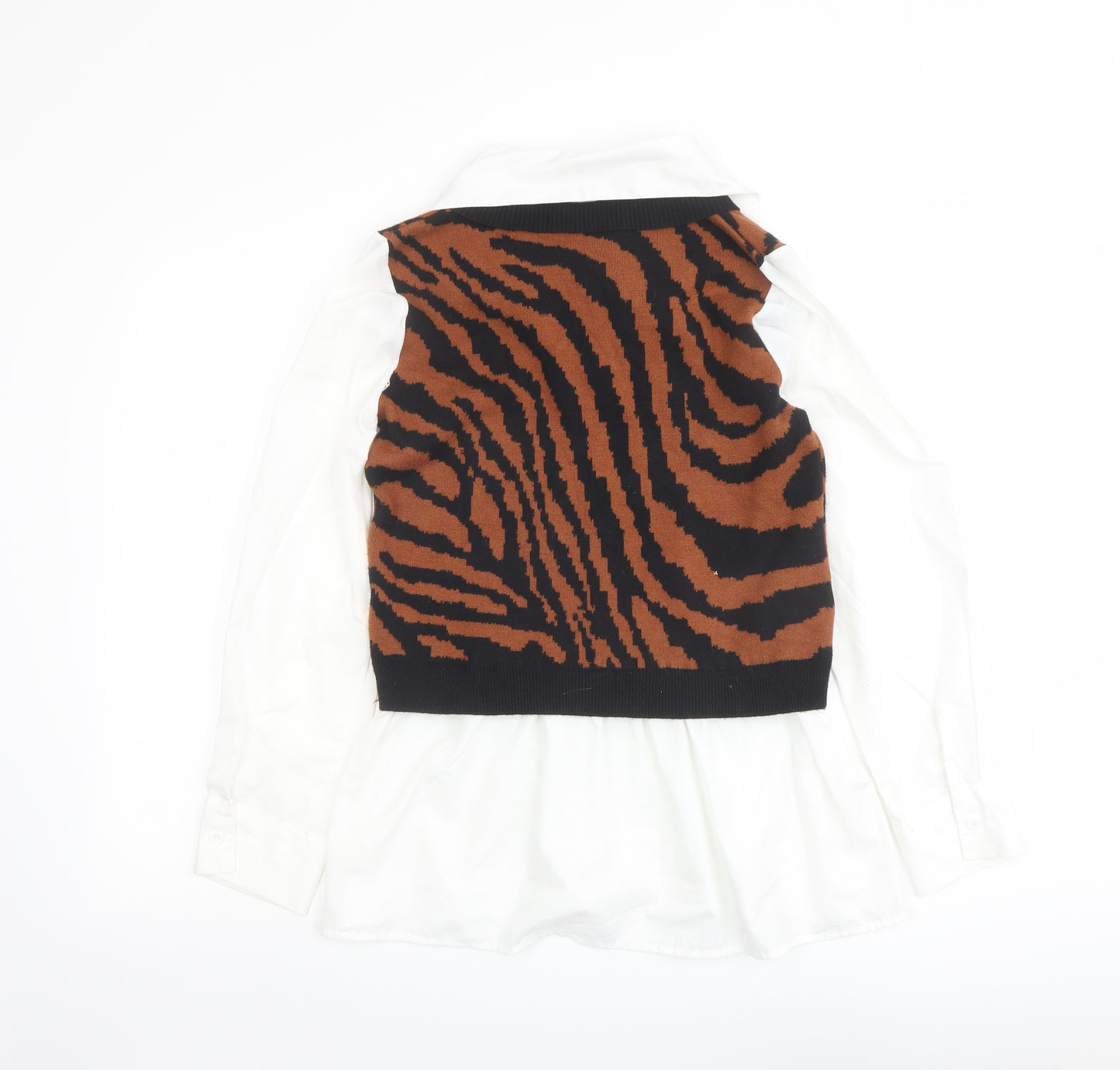 QED London Womens Multicoloured Collared Animal Print Viscose Pullover Jumper Size M - Tiger Pattern