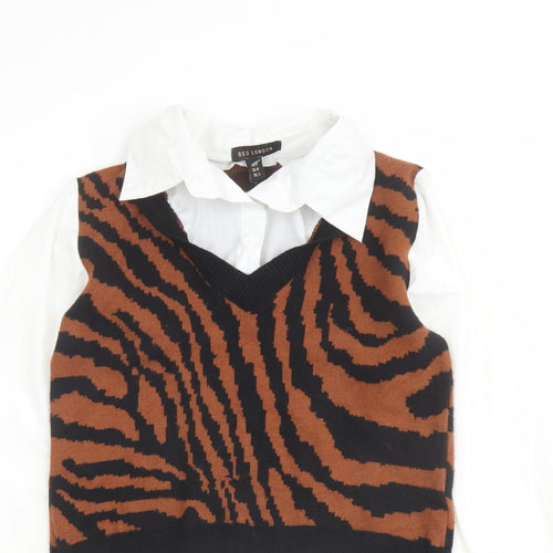 QED London Womens Multicoloured Collared Animal Print Viscose Pullover Jumper Size M - Tiger Pattern