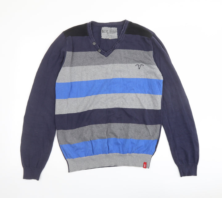 Esprit Mens Blue Square Neck Striped Cotton Pullover Jumper Size L Long Sleeve