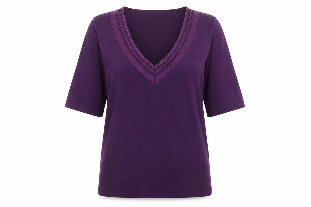 Front view of Marks & Spencer women’s purple v-neck viscose jumper, size UK 12