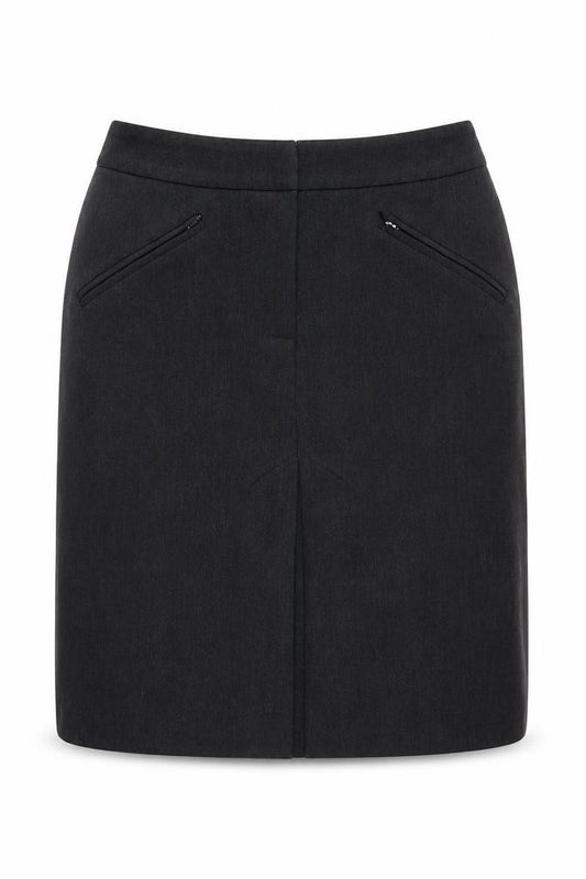 Front view of Warehouse women’s grey polyester a-line skirt, size UK 10, zip