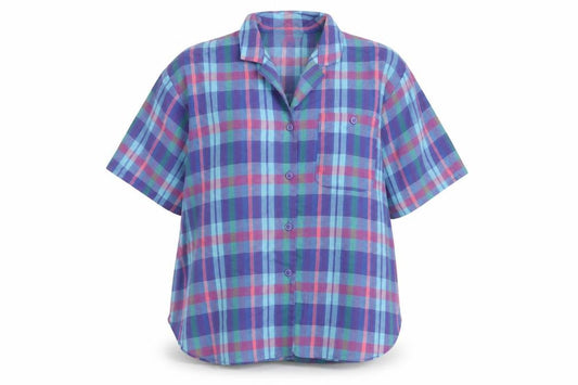 Front view of BHS women’s multicoloured plaid polyester basic button-up, size UK 14, collared