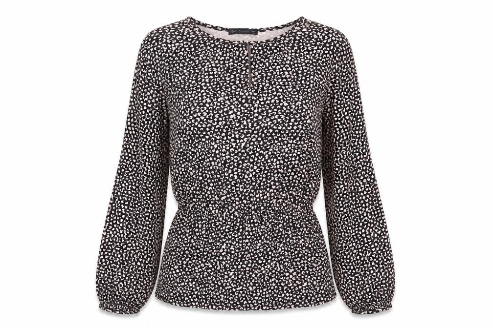 Front view of Marks & Spencer women’s multicoloured geometric viscose basic blouse, size UK 8, round neck