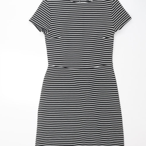 New Look Womens Black Striped Polyester Shift Size 10 Round Neck Zip