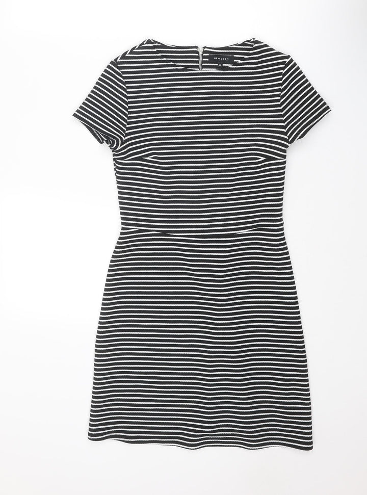 New Look Womens Black Striped Polyester Shift Size 10 Round Neck Zip