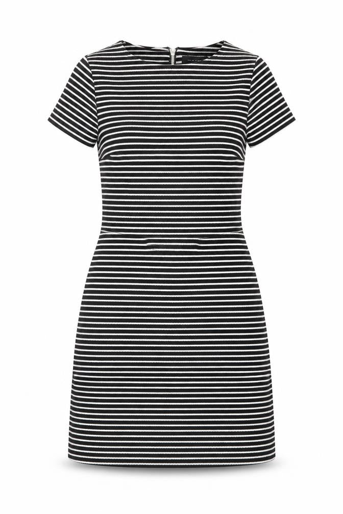 Front view of New Look women’s black striped polyester shift, size UK 10, round neck zip