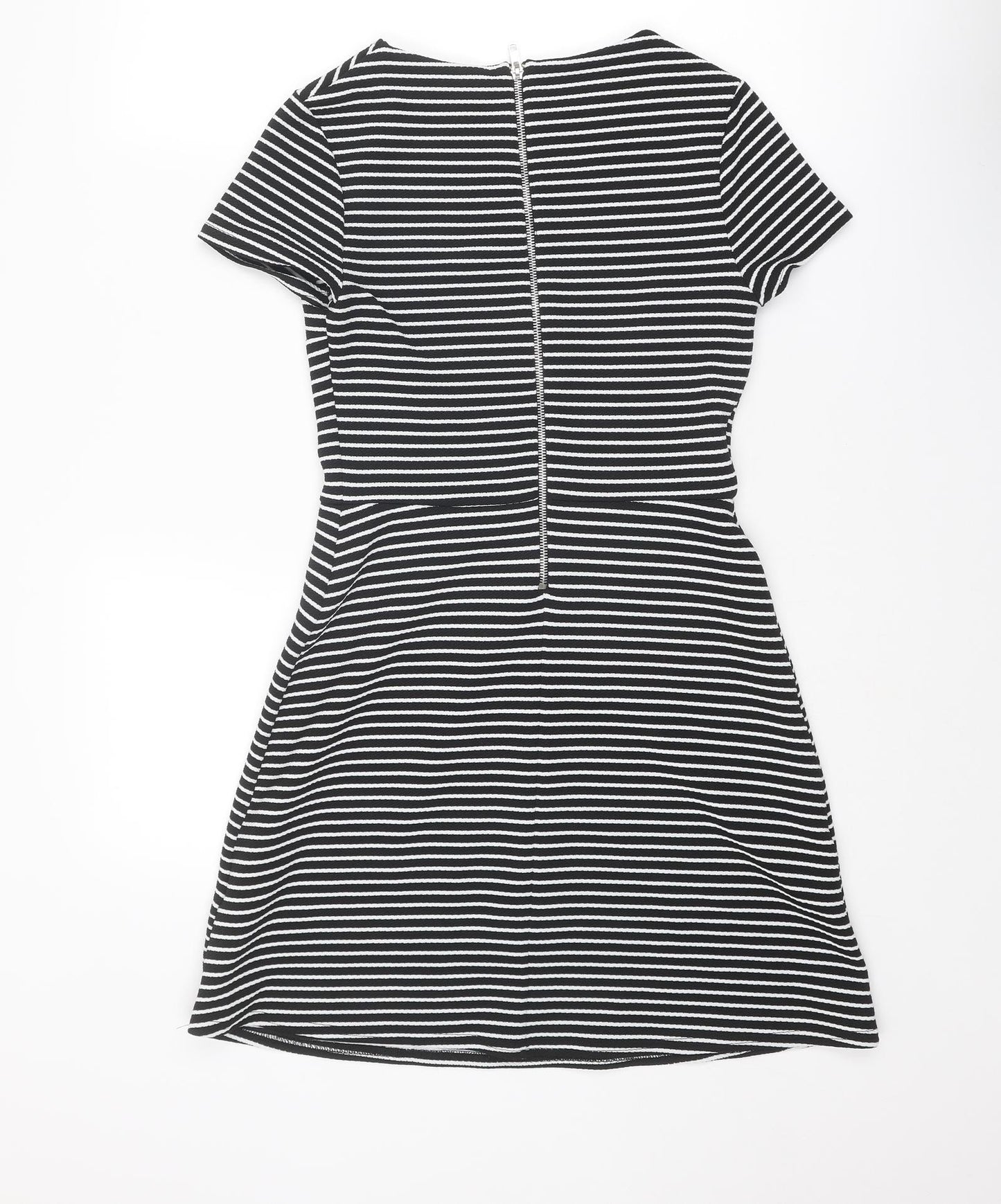New Look Womens Black Striped Polyester Shift Size 10 Round Neck Zip