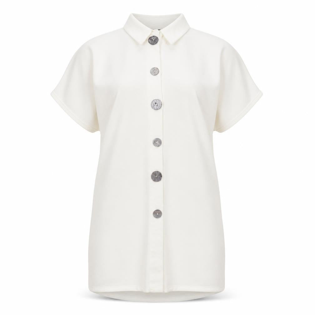 Front view of Vero Moda women’s white polyester shirt dress, size M, collared button