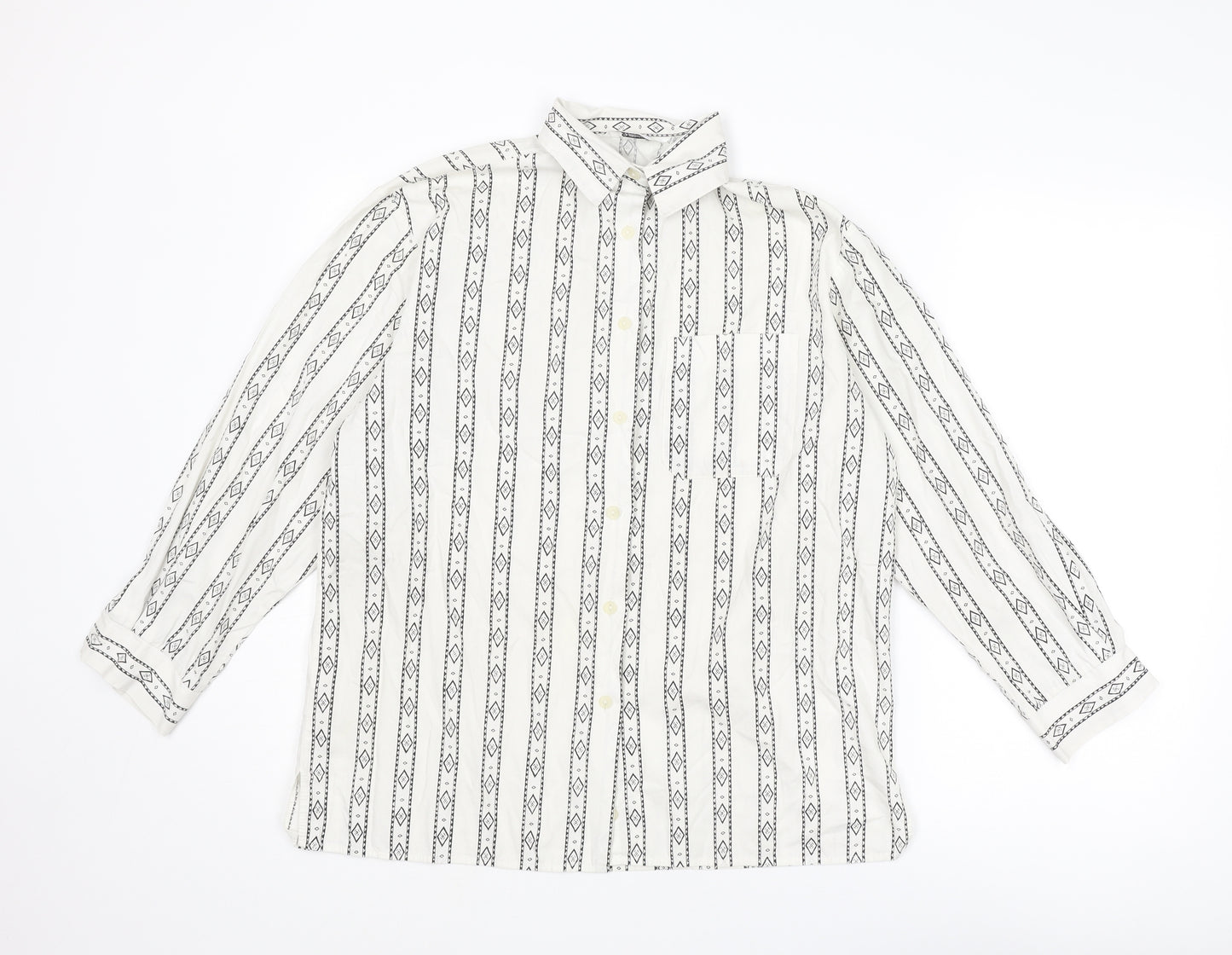 St Michael Womens White Geometric Cotton Basic Button-Up Size 8 Collared