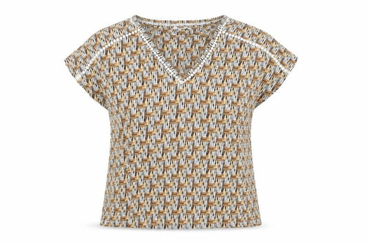 Front view of Next women’s multicoloured geometric viscose basic blouse, size UK 12, v-neck