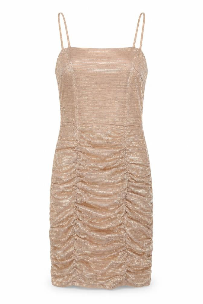 Front view of Naanaa women’s gold geometric polyester slip dress, size UK 8, square neck pullover