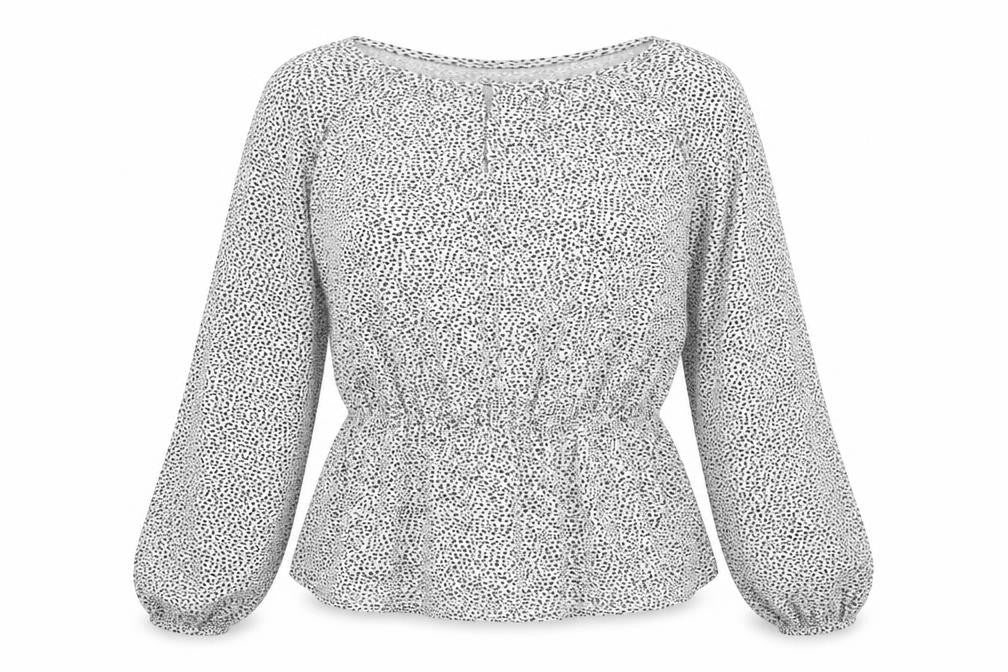 Front view of Marks & Spencer women’s black geometric viscose basic blouse, size UK 8, round neck