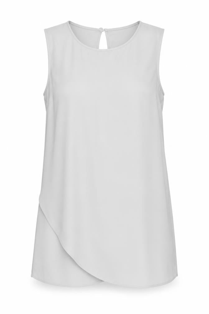 Front view of Topshop women’s grey polyester basic tank, size UK 10, round neck - asymmetric hem
