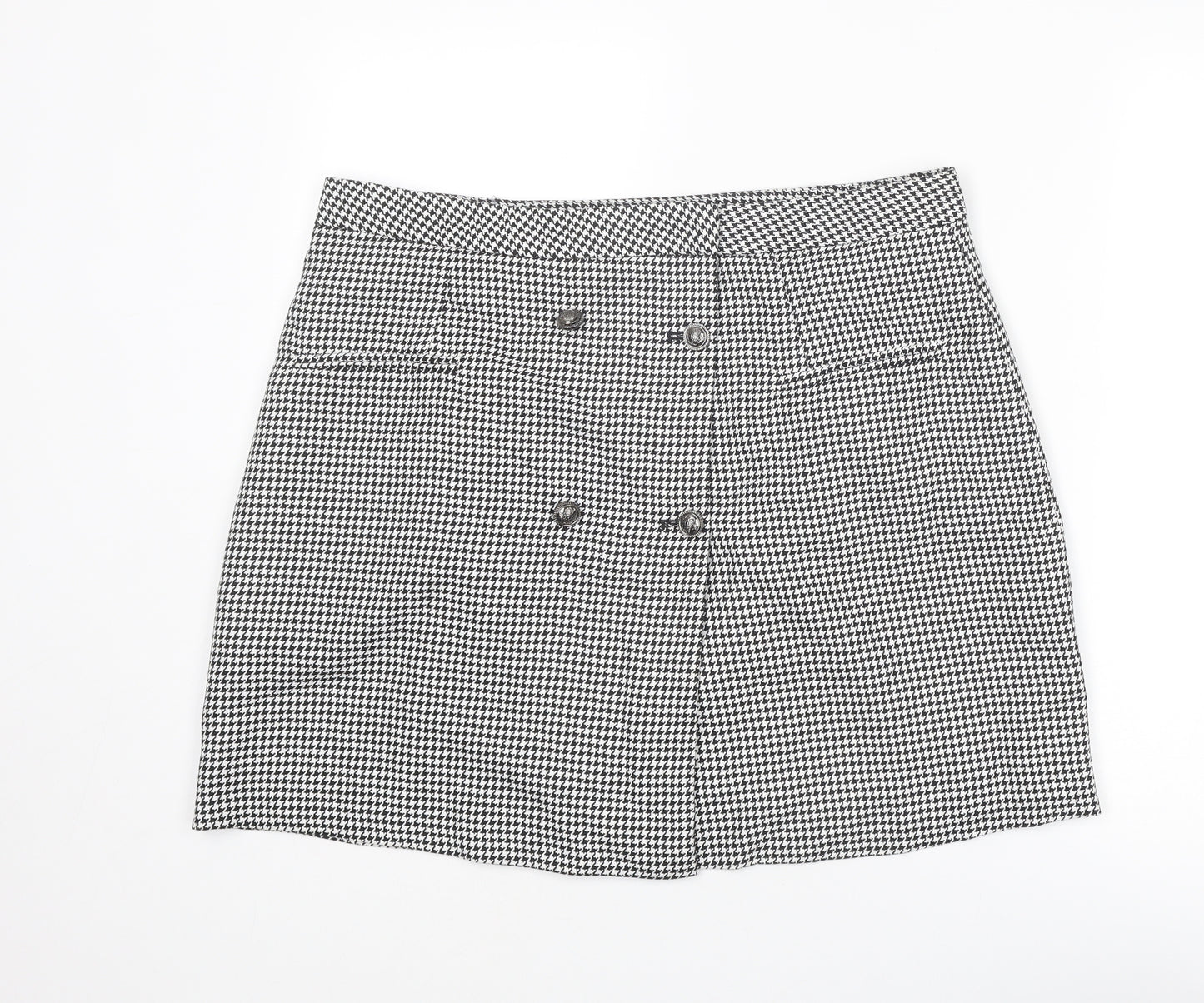 NEXT Womens Black Geometric Polyester A-Line Skirt Size 36 in Button - Houndstooth pattern