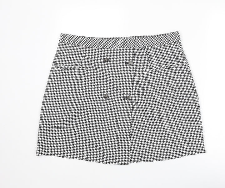 NEXT Womens Black Geometric Polyester A-Line Skirt Size 36 in Button - Houndstooth pattern