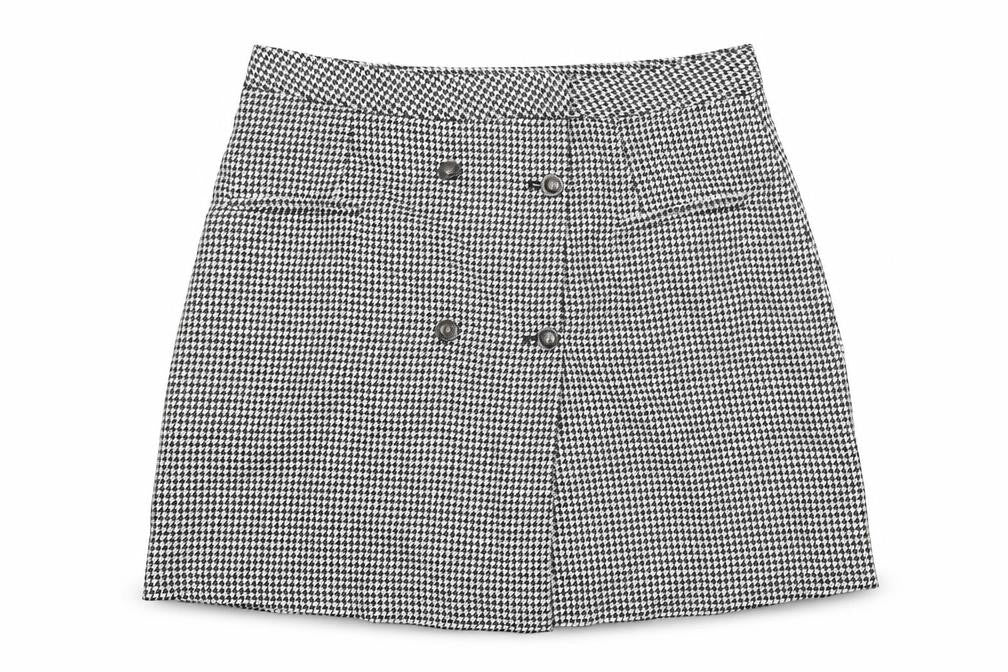 Front view of Next women’s black geometric polyester a-line skirt, size UK 36, in button - houndstooth pattern