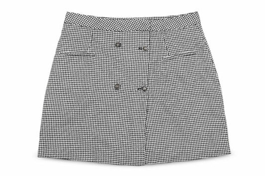 Front view of Next women’s black geometric polyester a-line skirt, size UK 36, in button - houndstooth pattern