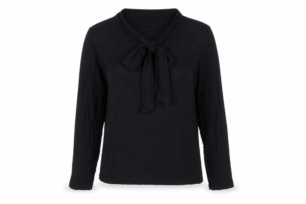 Front view of Marks & Spencer women’s black viscose basic t-shirt, size UK 8, v-neck