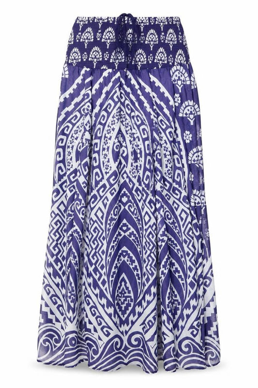 Front view of Monsoon women’s blue geometric polyester maxi, size L, off the shoulder pullover