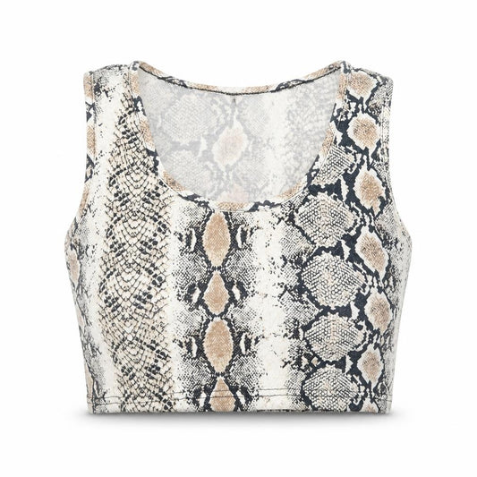 Front view of PRETTYLITTLETHING women’s multicoloured animal print viscose cropped tank, scoop neck - snakeskin pattern