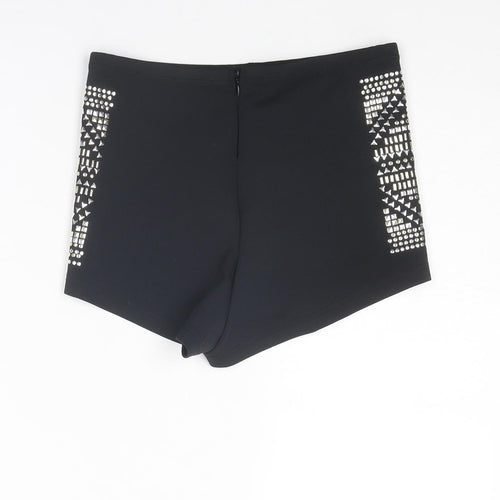 Topshop Womens Black Polyester Hot Pants Shorts Size 10 Regular Zip - Studded