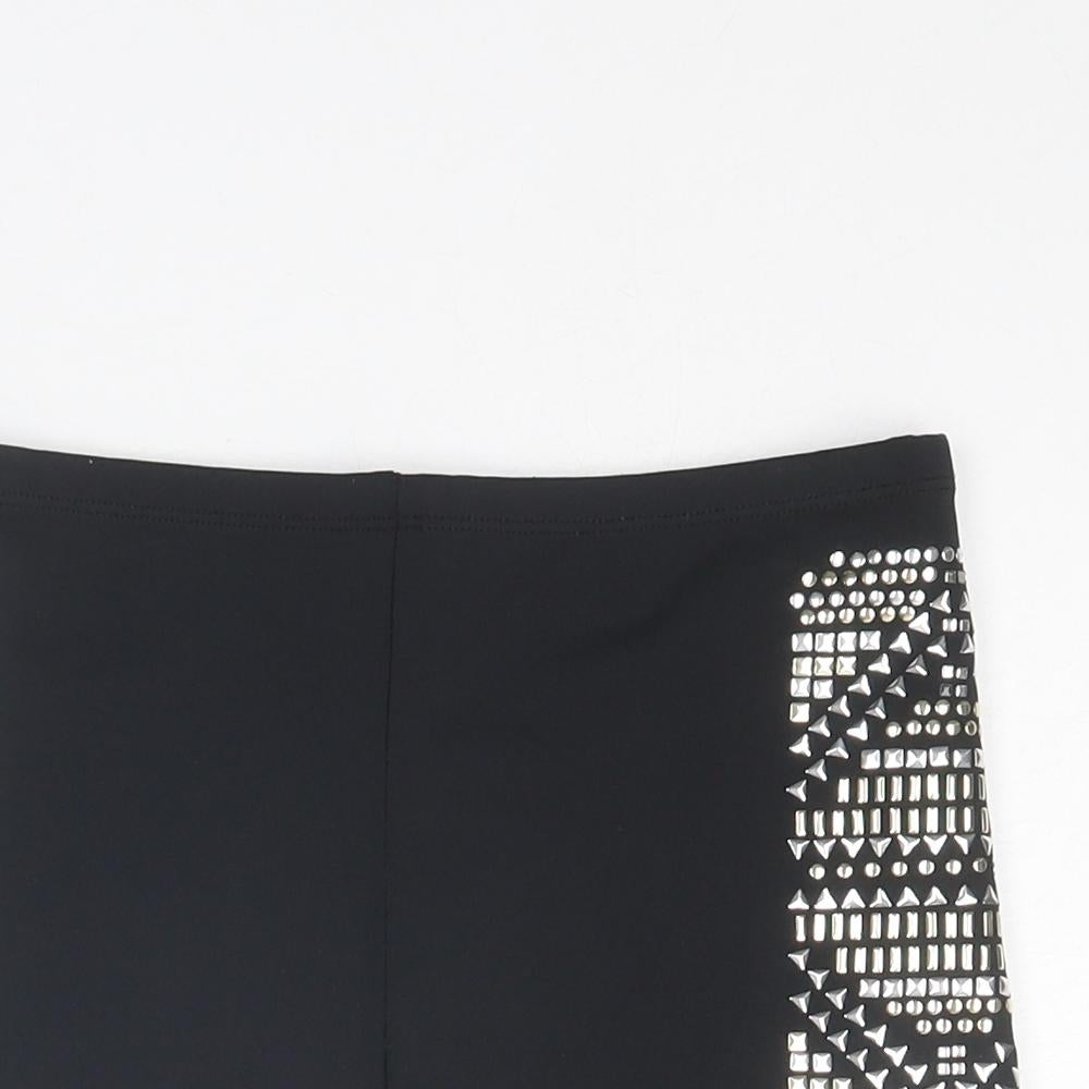 Topshop Womens Black Polyester Hot Pants Shorts Size 10 Regular Zip - Studded