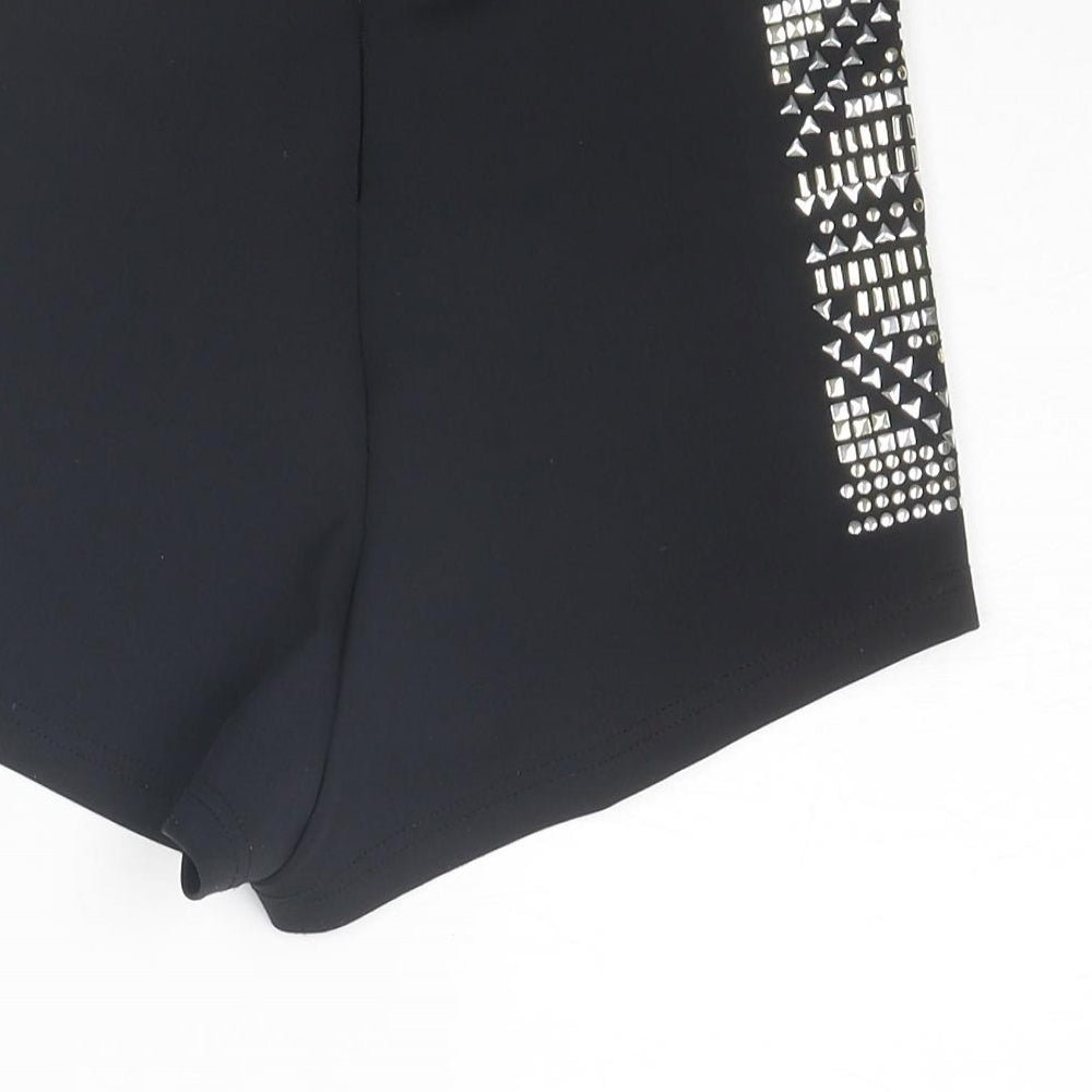 Topshop Womens Black Polyester Hot Pants Shorts Size 10 Regular Zip - Studded