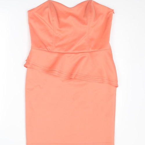 New Look Womens Orange Polyester Mini Size 16 Sweetheart Zip - Strapless Peplum