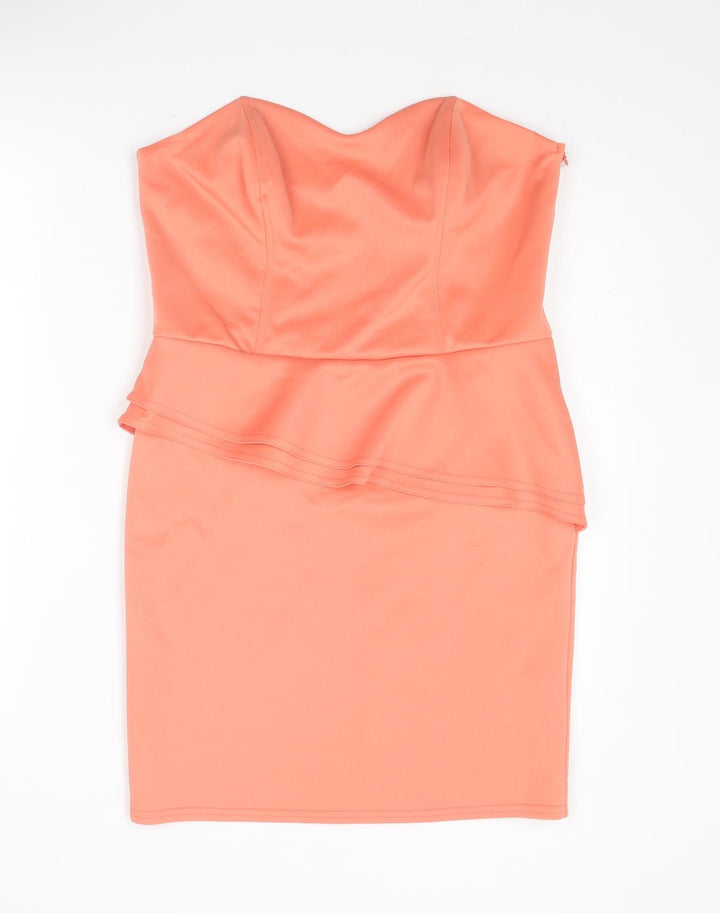 New Look Womens Orange Polyester Mini Size 16 Sweetheart Zip - Strapless Peplum