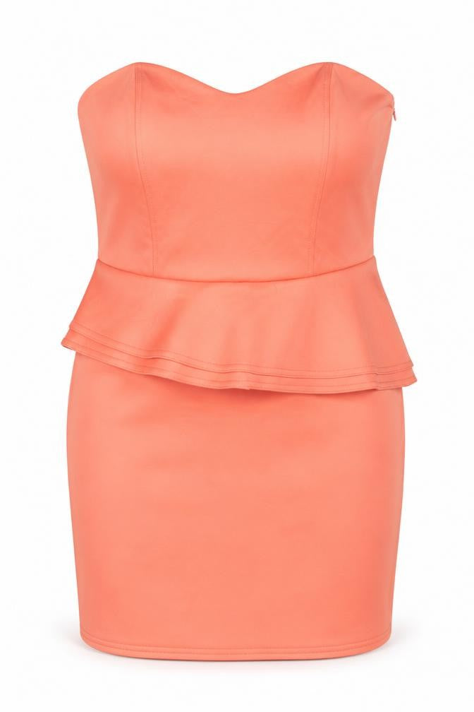 Front view of New Look women’s orange polyester mini, size UK 16, sweetheart zip - strapless peplum