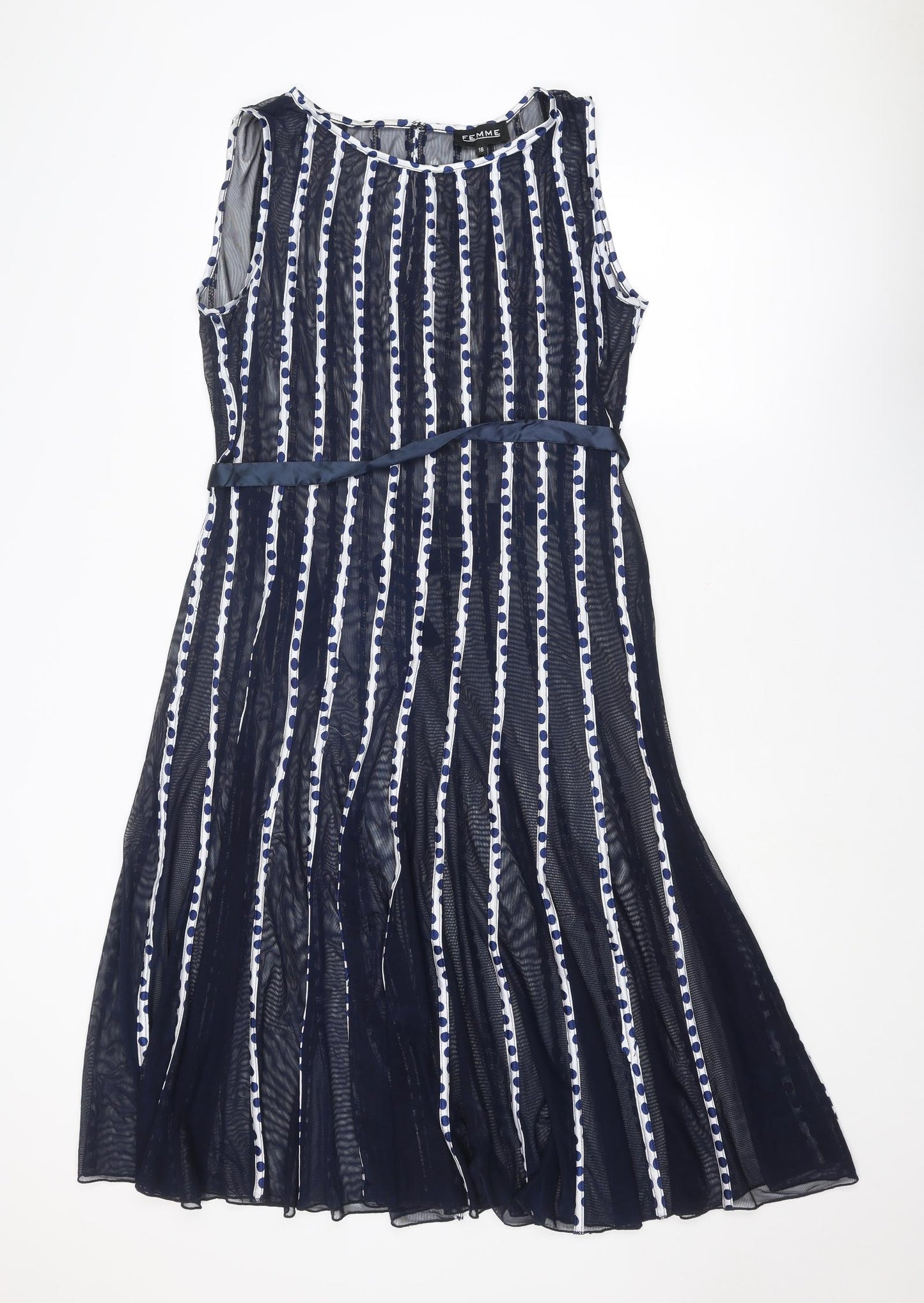 Femme Womens Blue Polka Dot Polyester Fit & Flare Size 16 Boat Neck Hook & Eye