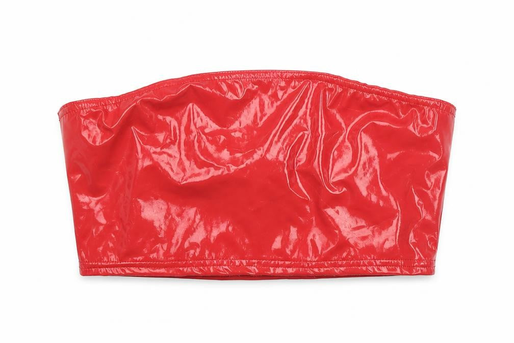 Front view of PRETTYLITTLETHING women’s red polyester cropped tank, size UK 8, off the shoulder