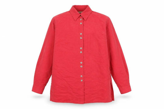 Front view of Design Essentials women’s red polyester basic button-up, size UK 14, collared