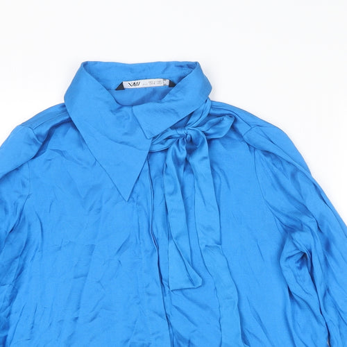 Zara Womens Blue Polyester Basic Blouse Size S Collared
