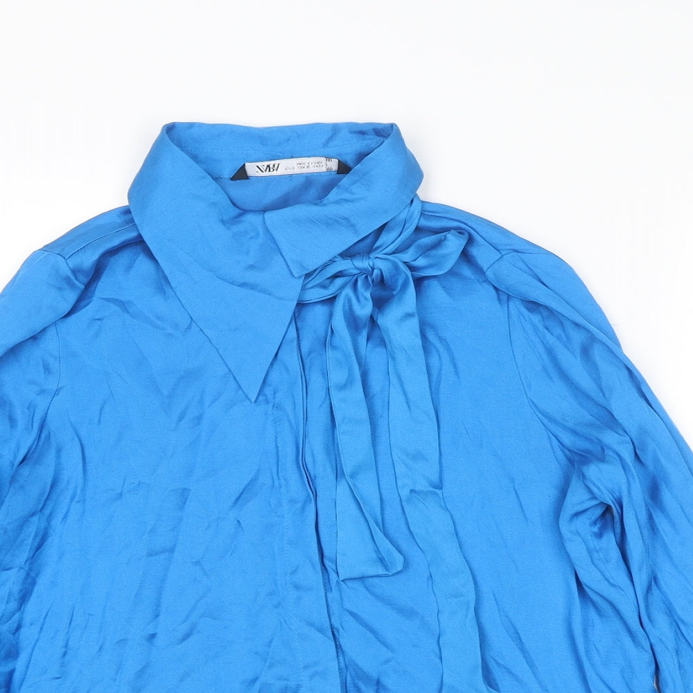 Zara Womens Blue Polyester Basic Blouse Size S Collared