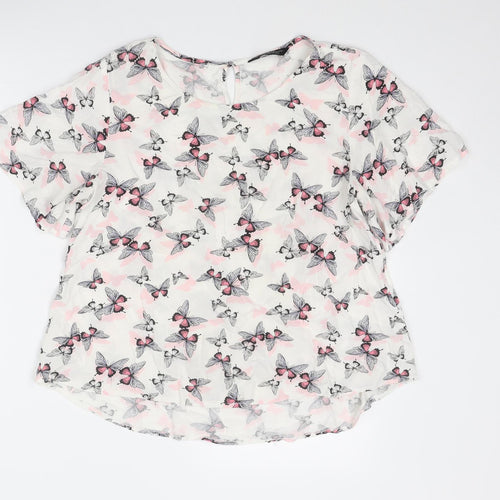 Dorothy Perkins Womens White Geometric Polyester Basic Blouse Size 14 Round Neck - Butterfly Print