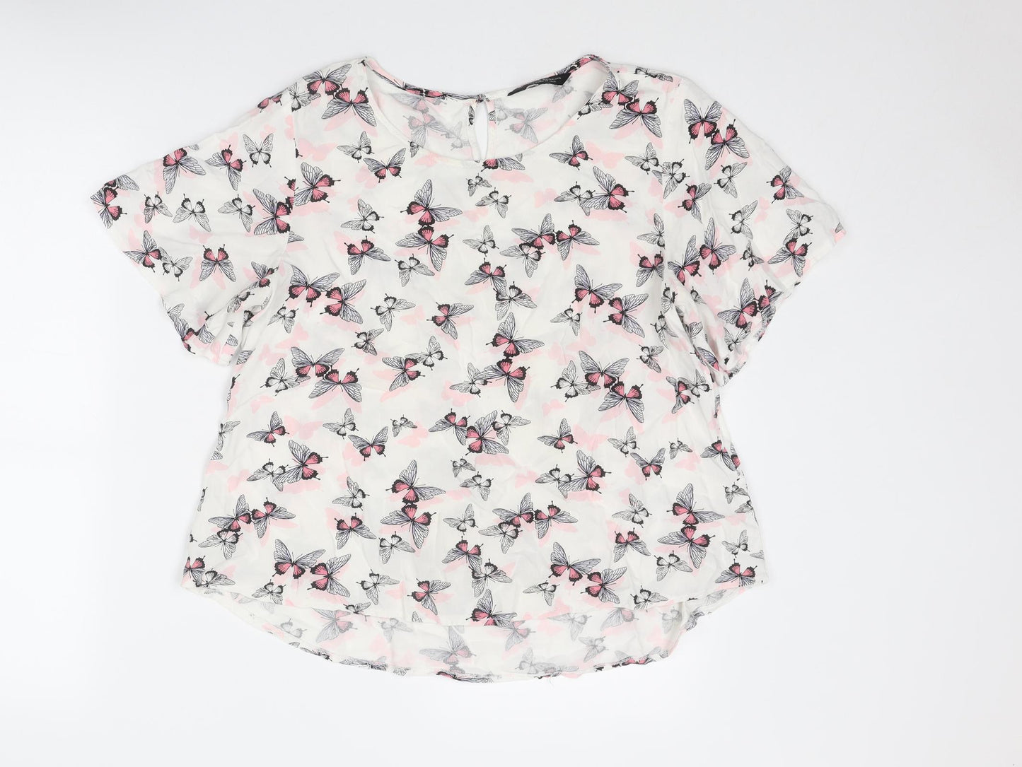 Dorothy Perkins Womens White Geometric Polyester Basic Blouse Size 14 Round Neck - Butterfly Print