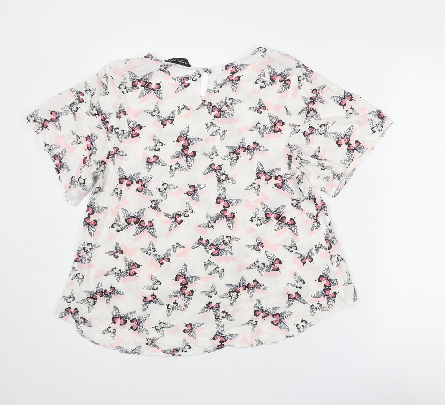 Dorothy Perkins Womens White Geometric Polyester Basic Blouse Size 14 Round Neck - Butterfly Print
