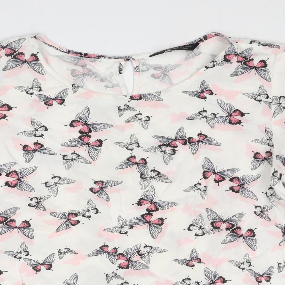 Dorothy Perkins Womens White Geometric Polyester Basic Blouse Size 14 Round Neck - Butterfly Print